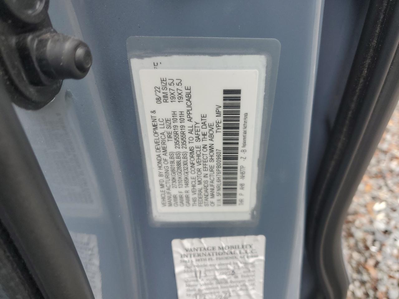 2023 HONDA ODYSSEY SPORT-L VIN:5FNRL6H76PB009607