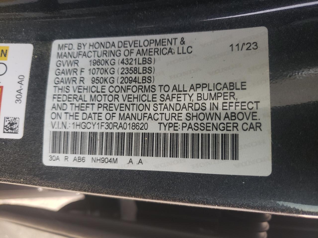 2024 HONDA ACCORD EX VIN:1HGCY1F30RA018620