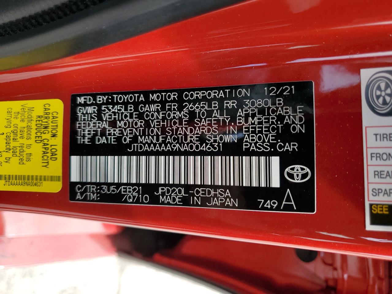 2022 TOYOTA MIRAI LE VIN:JTDAAAAA9NA004631