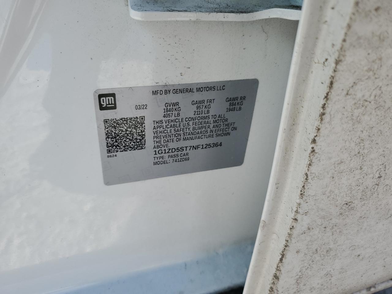 2022 CHEVROLET MALIBU LT VIN:1G1ZD5ST7NF125364