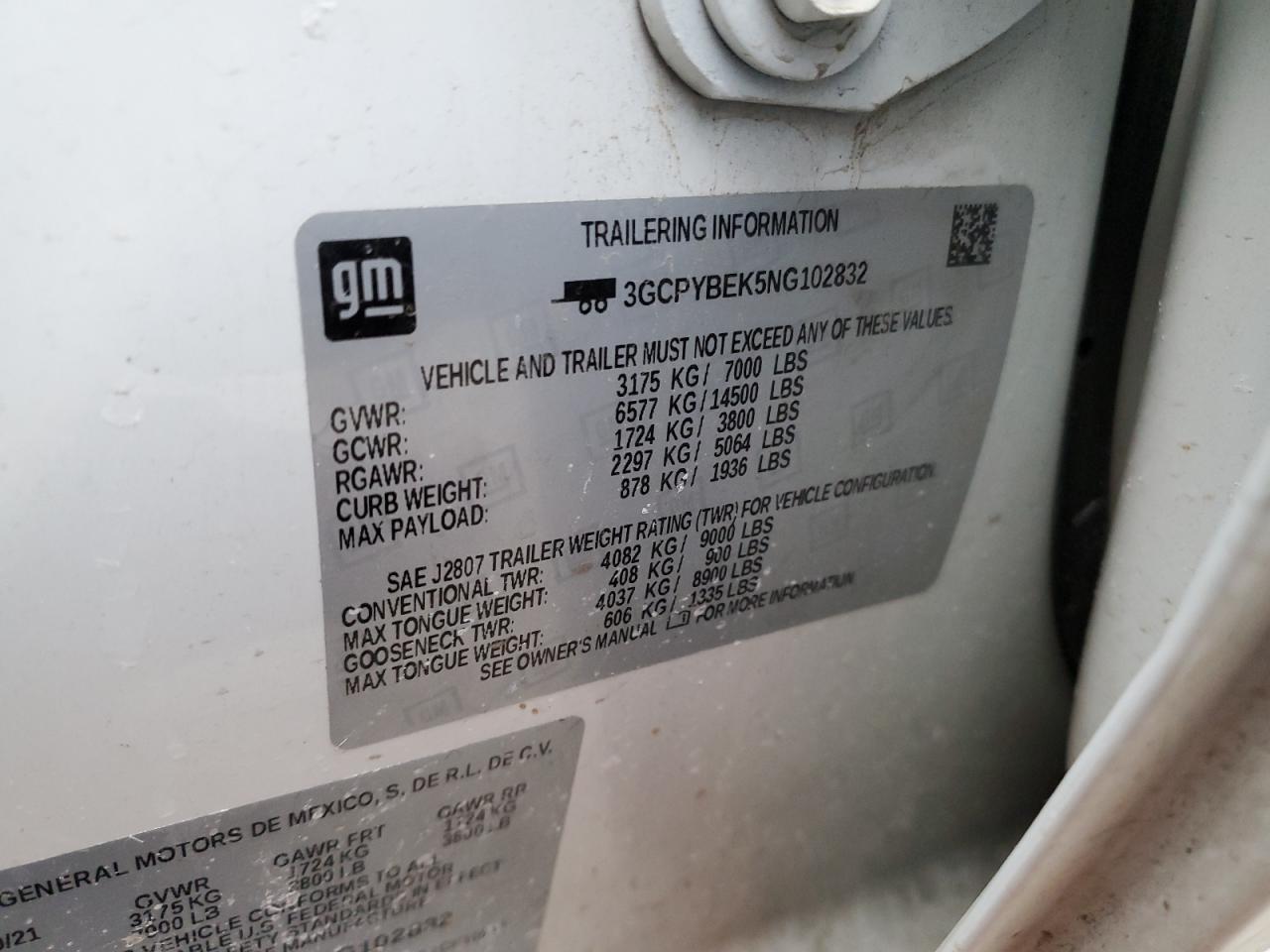 2022 CHEVROLET SILVERADO LTD K1500 CUSTOM VIN:3GCPYBEK5NG102832