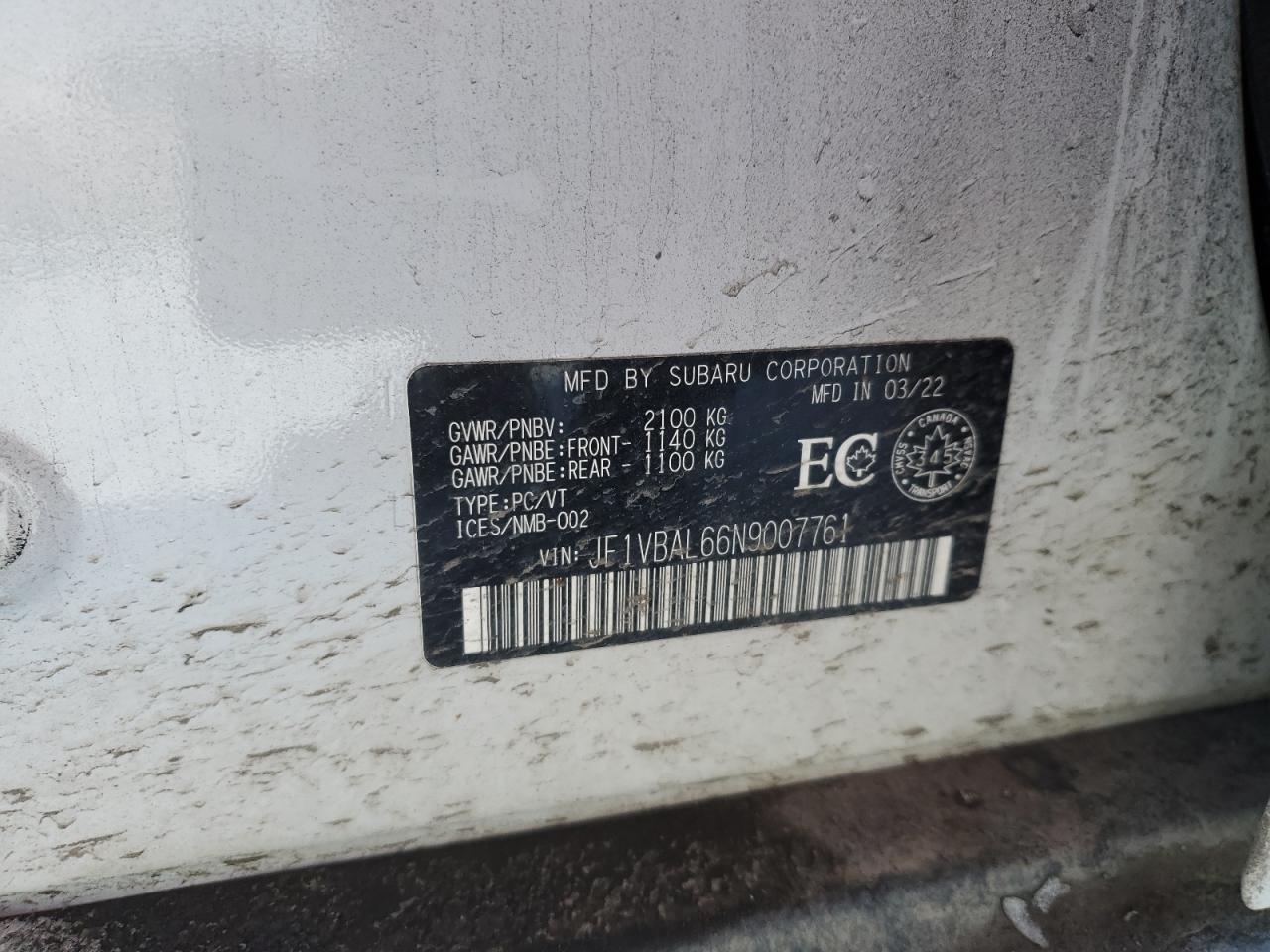 2022 SUBARU WRX LIMITED VIN:JF1VBAL66N9007761