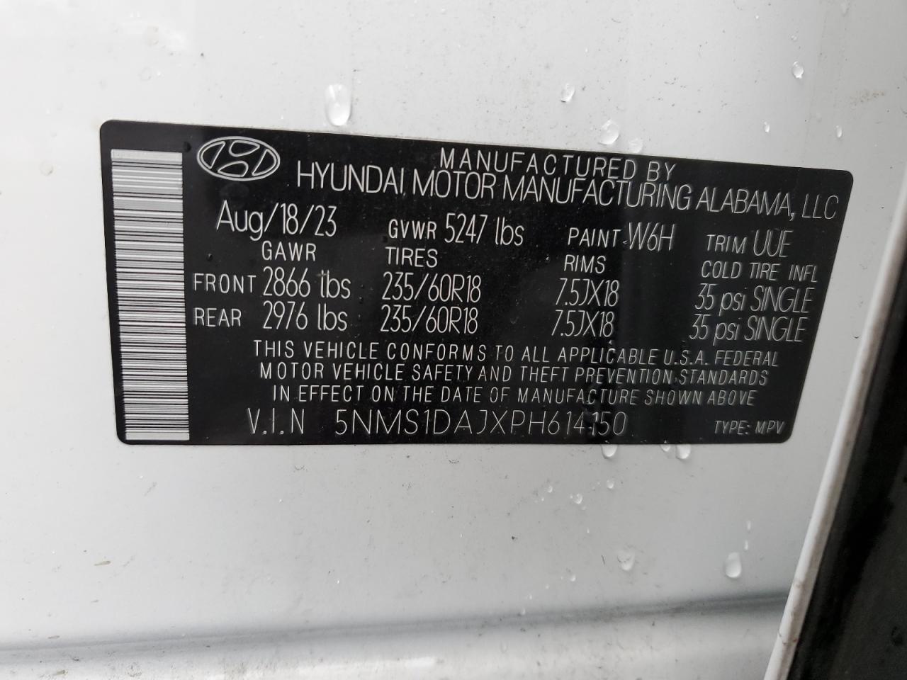 2023 HYUNDAI SANTA FE SE VIN:5NMS1DAJXPH614150
