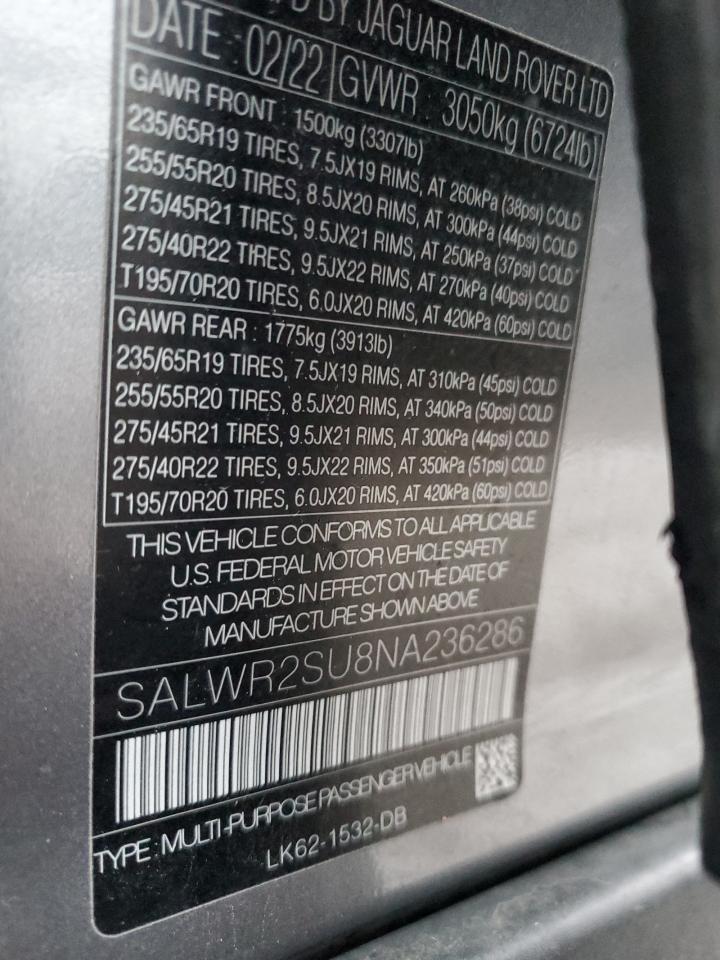 2022 LAND ROVER RANGE ROVER SPORT HSE SILVER EDITION VIN:SALWR2SU8NA236286