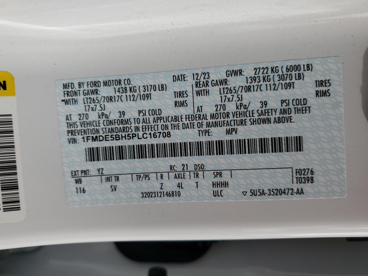 2023 FORD BRONCO BASE VIN:1FMDE5BH5PLC16708