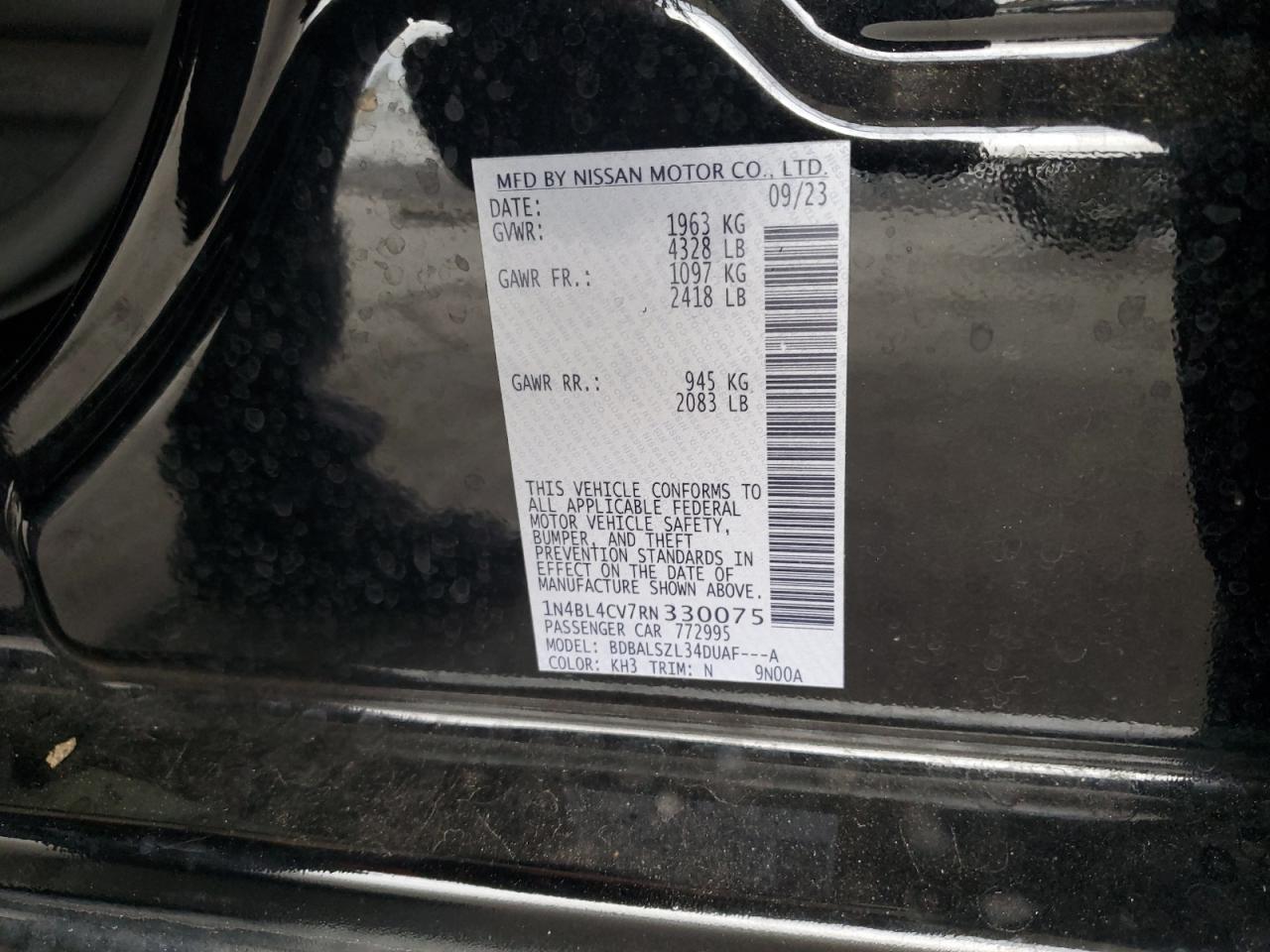 2024 NISSAN ALTIMA SR VIN:1N4BL4CV7RN330075