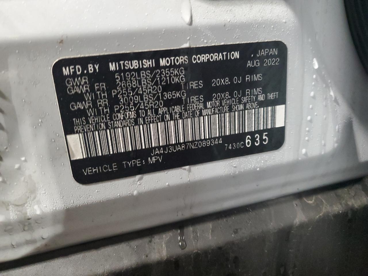 2022 MITSUBISHI OUTLANDER SE VIN:JA4J3UA87NZ089344