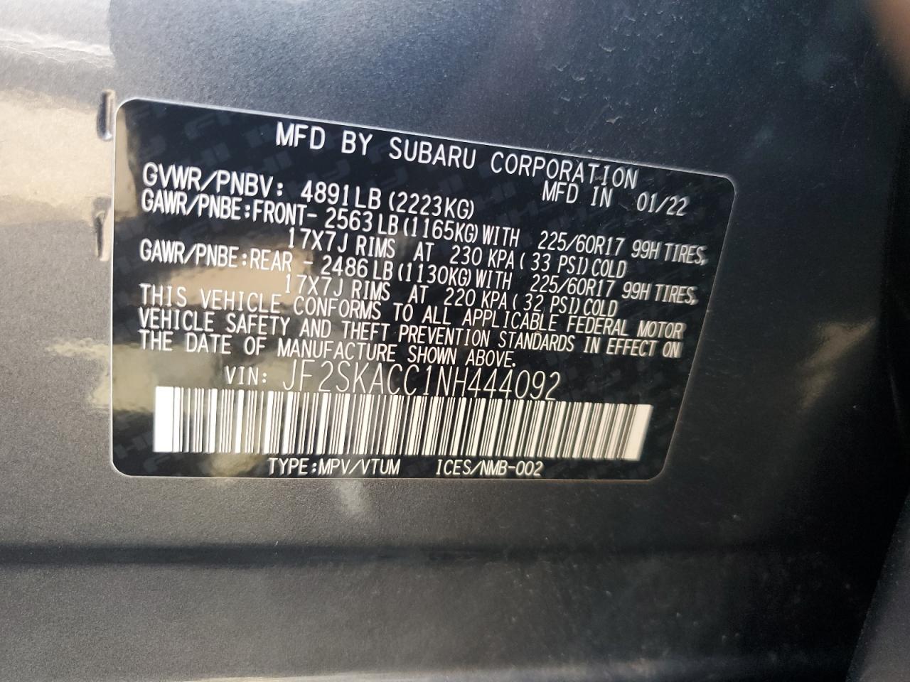 2022 SUBARU FORESTER VIN:JF2SKACC1NH444092