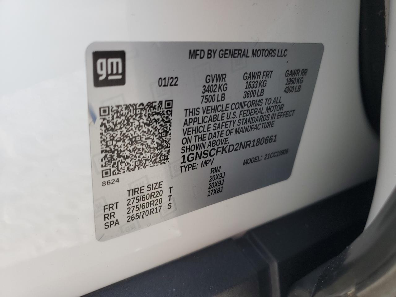 2022 CHEVROLET SUBURBAN C1500 PREMIER VIN:1GNSCFKD2NR180661