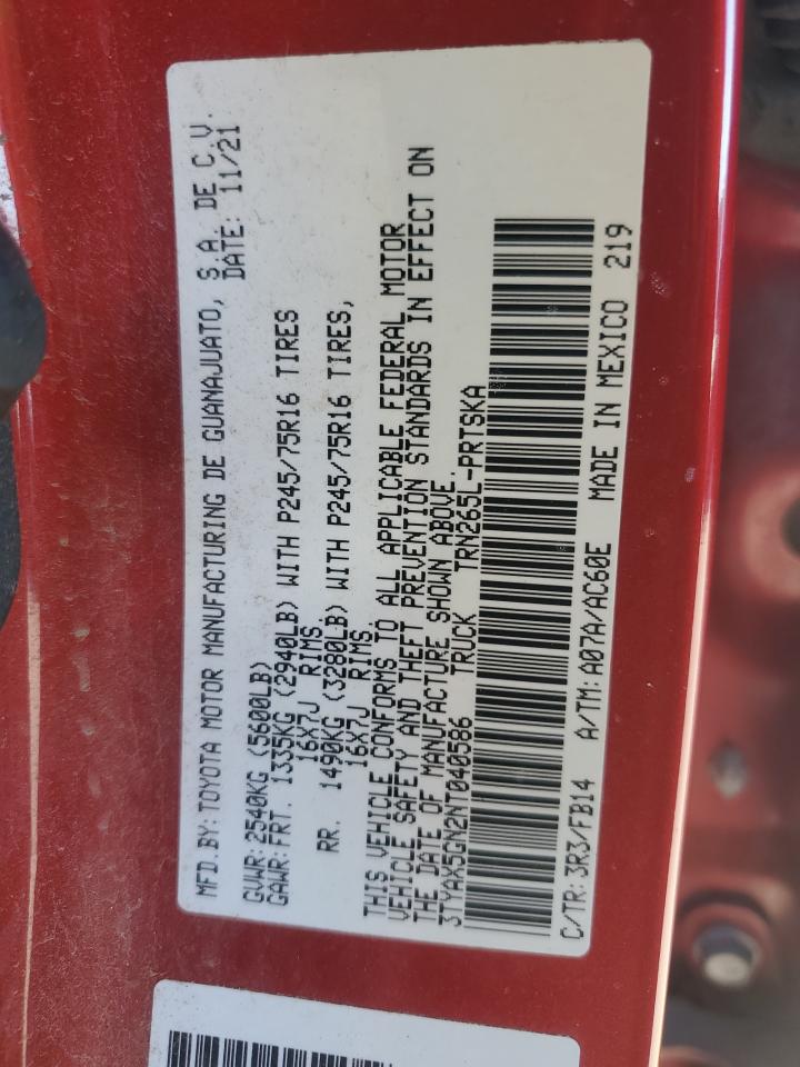 2022 TOYOTA TACOMA DOUBLE CAB VIN:3TYAX5GN2NT040586