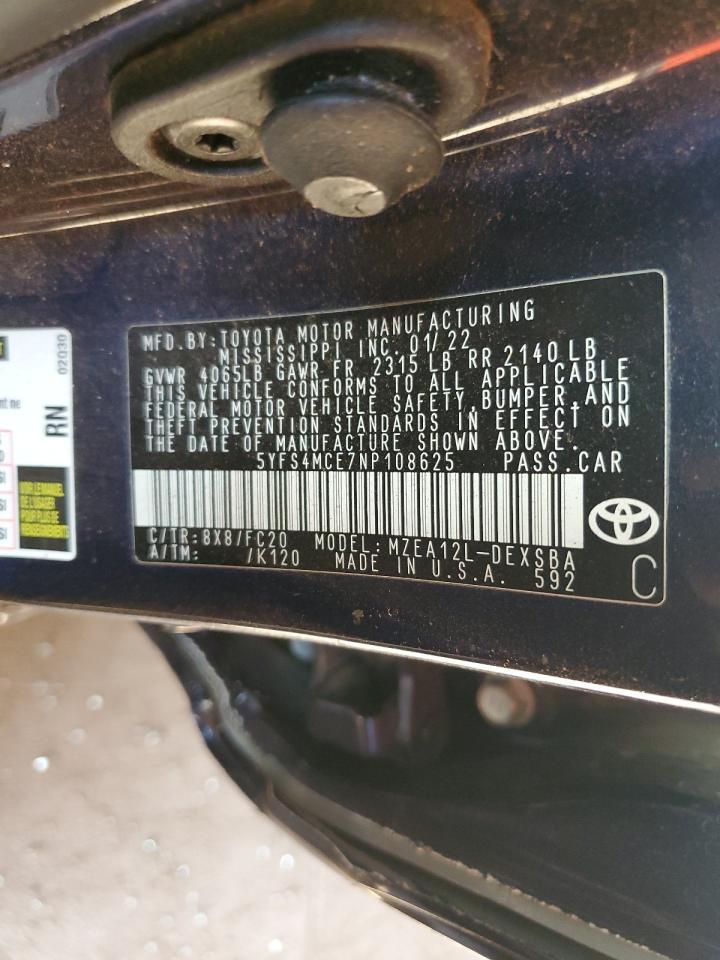 2022 TOYOTA COROLLA SE VIN:5YFS4MCE7NP108625