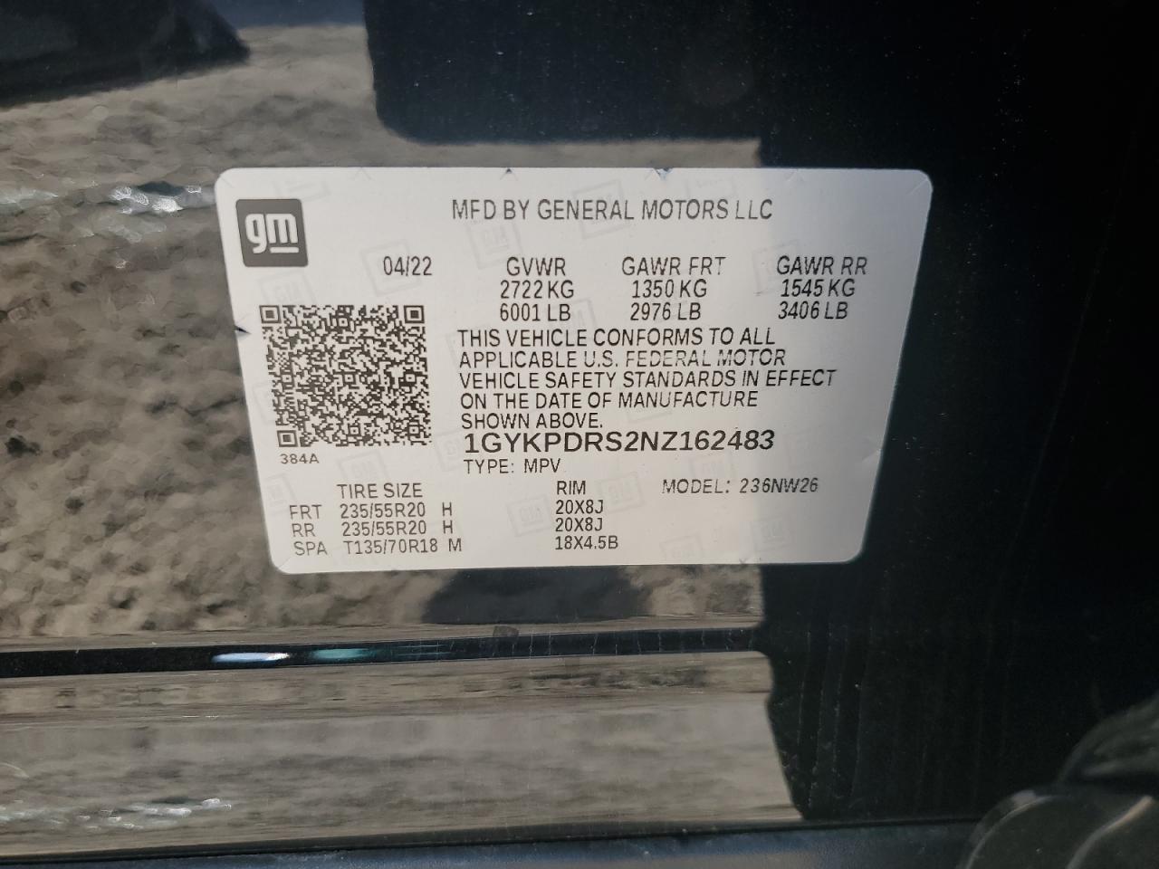 2022 CADILLAC XT6 PREMIUM LUXURY VIN:1GYKPDRS2NZ162483