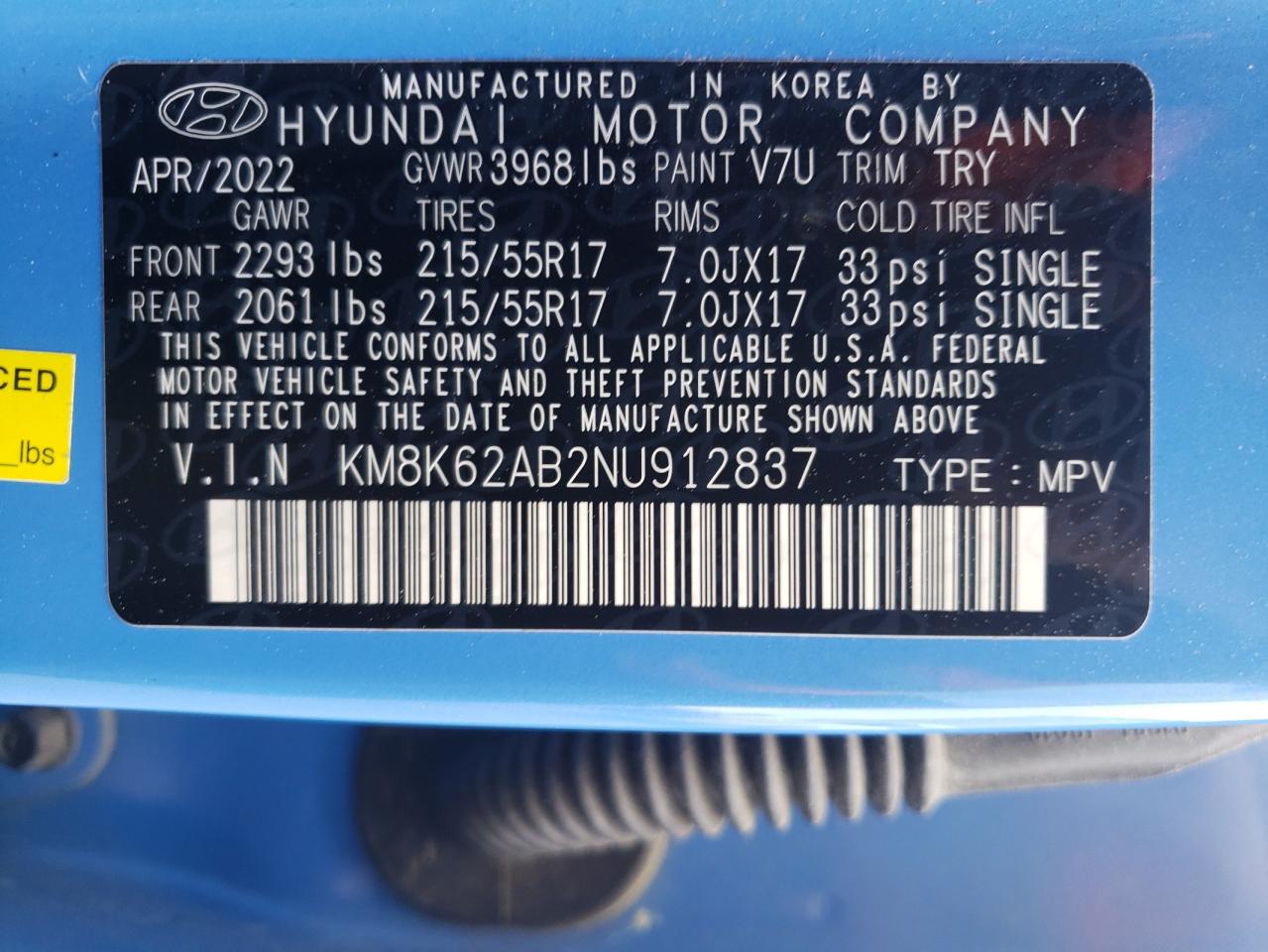 2022 HYUNDAI KONA SEL VIN:KM8K62AB2NU912837