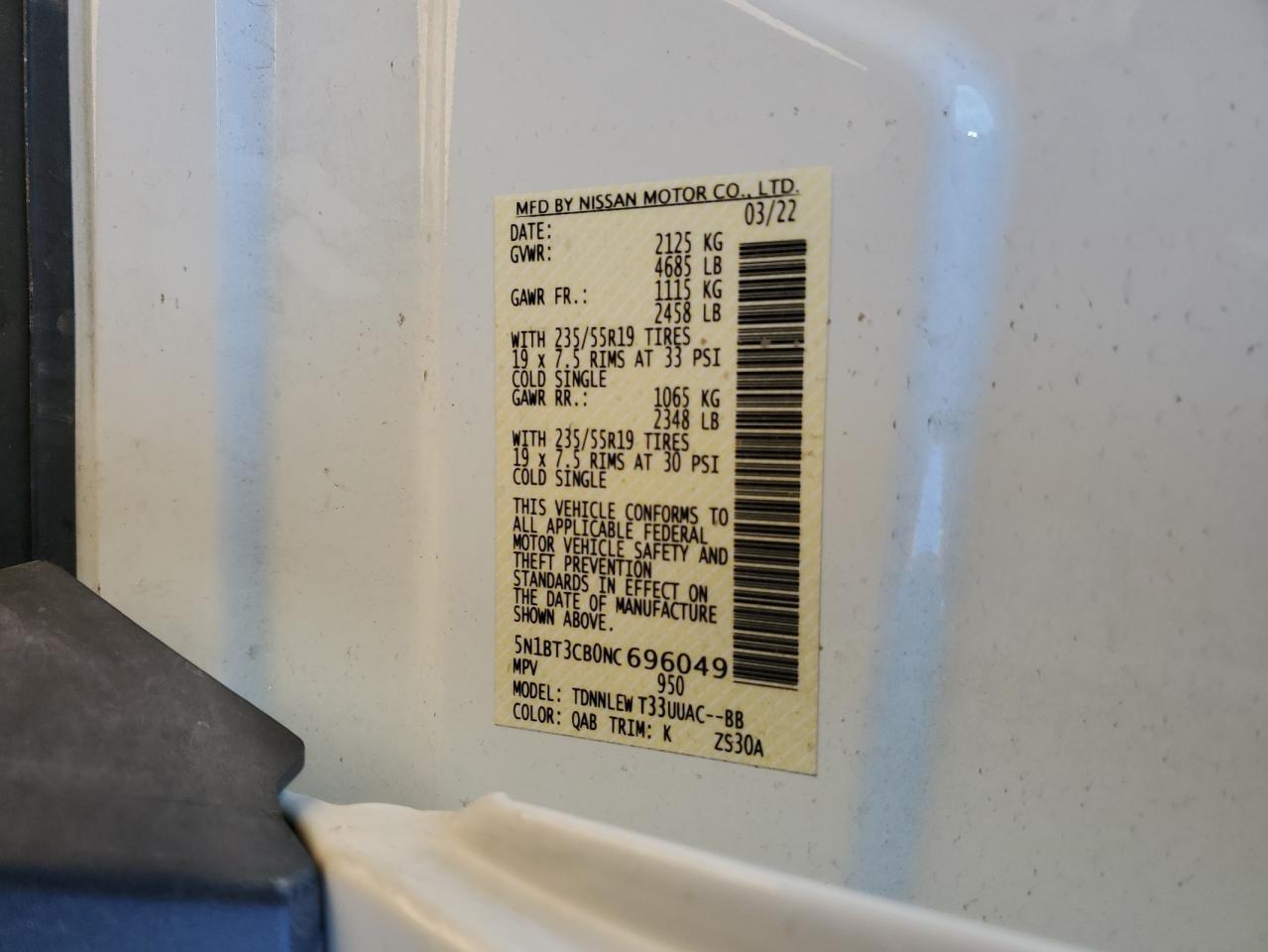 2022 NISSAN ROGUE SL VIN:5N1BT3CB0NC696049