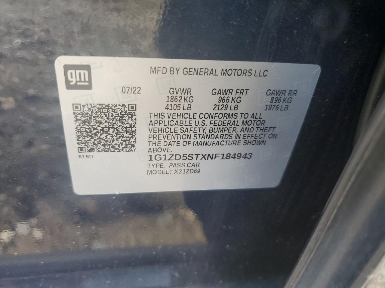 2022 CHEVROLET MALIBU LT VIN:1G1ZD5STXNF184943