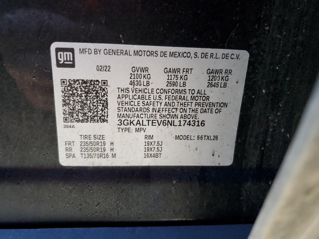 2022 GMC TERRAIN SLE VIN:3GKALTEV6NL174316