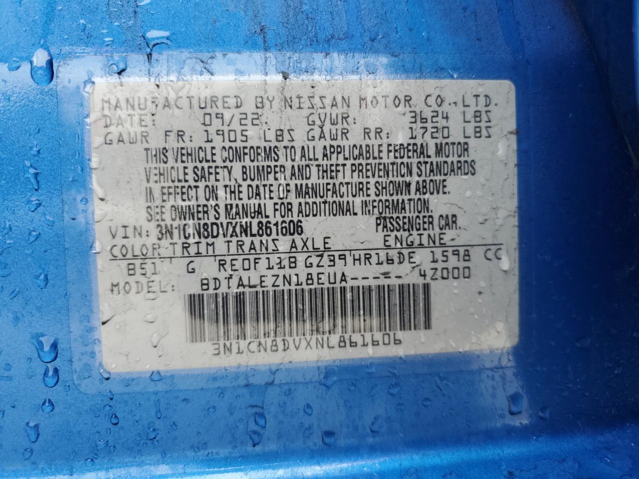 2022 NISSAN VERSA S VIN:3N1CN8DVXNL861606