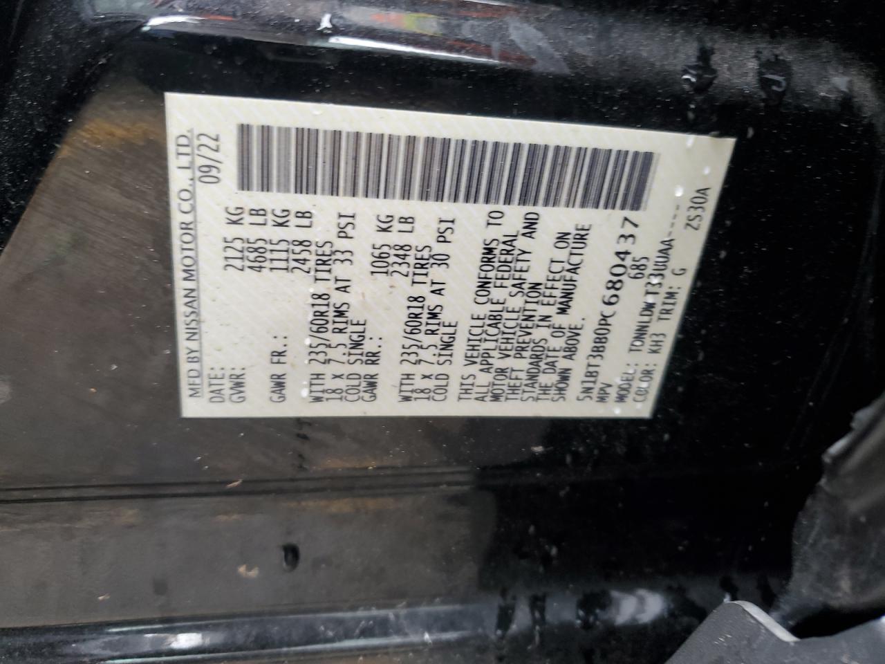 2023 NISSAN ROGUE SV VIN:5N1BT3BB0PC680437