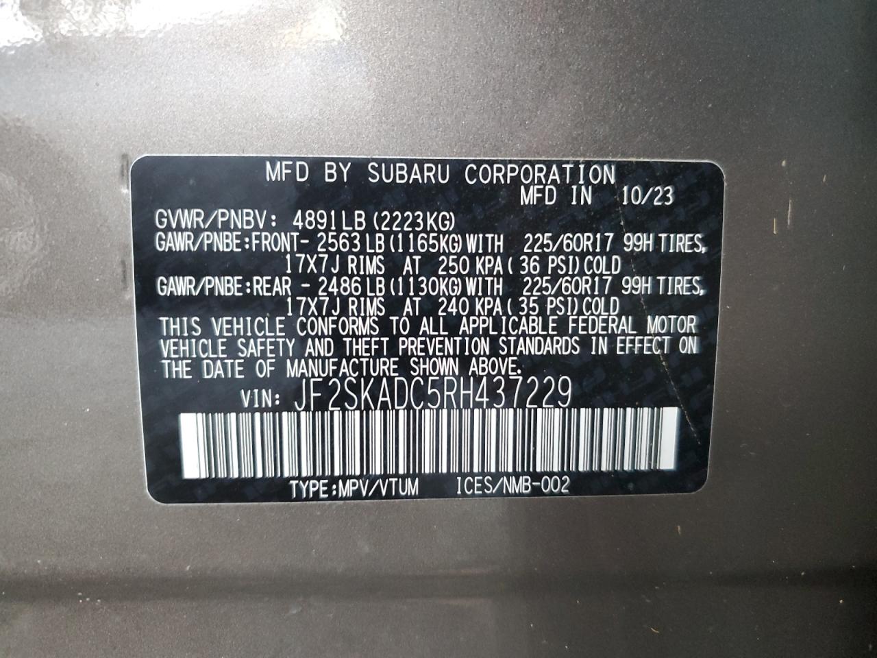 2024 SUBARU FORESTER PREMIUM VIN:JF2SKADC5RH437229