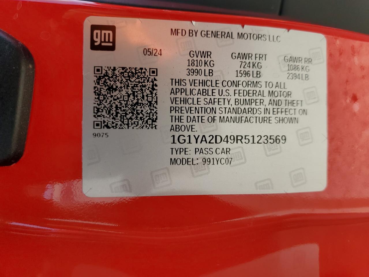 2024 CHEVROLET CORVETTE STINGRAY 1LT VIN:1G1YA2D49R5123569