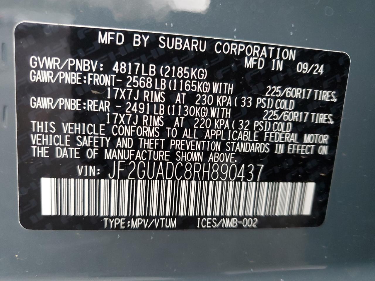 2024 SUBARU CROSSTREK PREMIUM VIN:JF2GUADC8RH890437