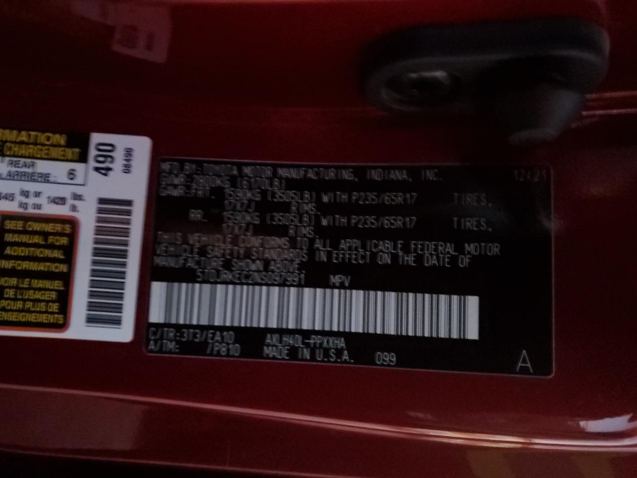 2022 TOYOTA SIENNA XLE VIN:5TDJRKEC2NS097991