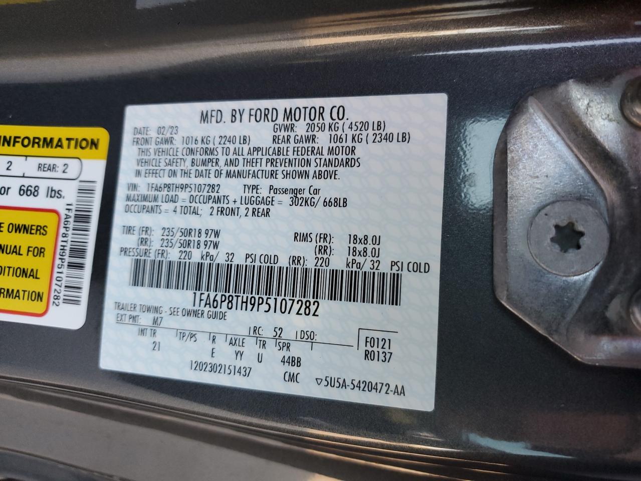 2023 FORD MUSTANG VIN:1FA6P8TH9P5107282