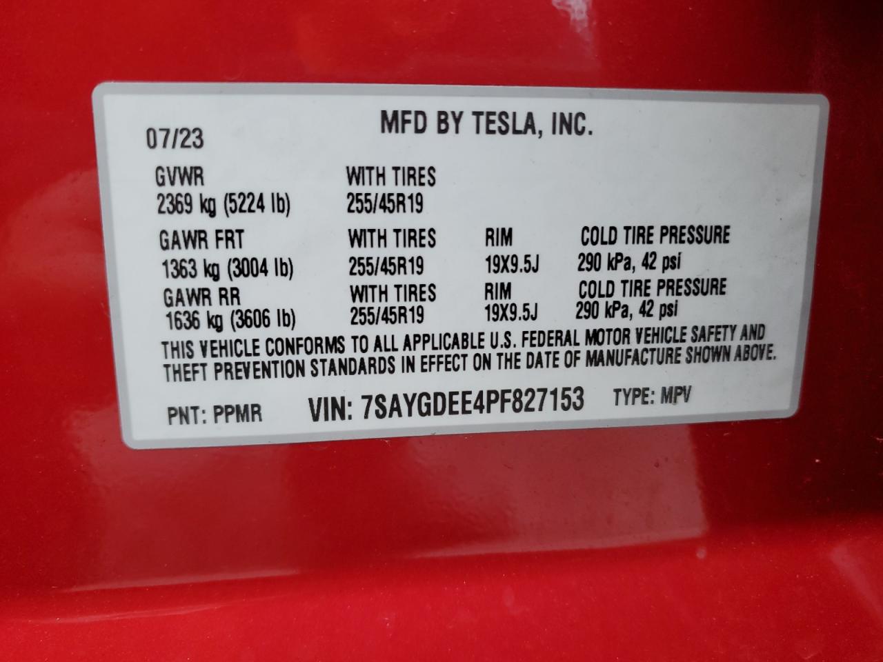 2023 TESLA MODEL Y VIN:7SAYGDEE4PF827153