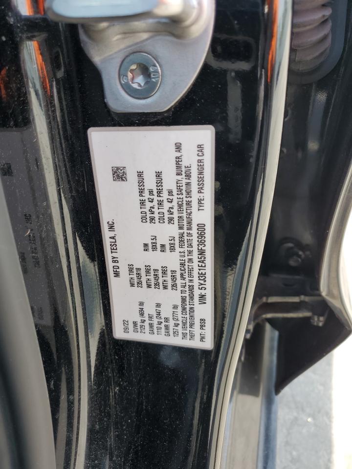 2022 TESLA MODEL 3 VIN:5YJ3E1EA5NF369600
