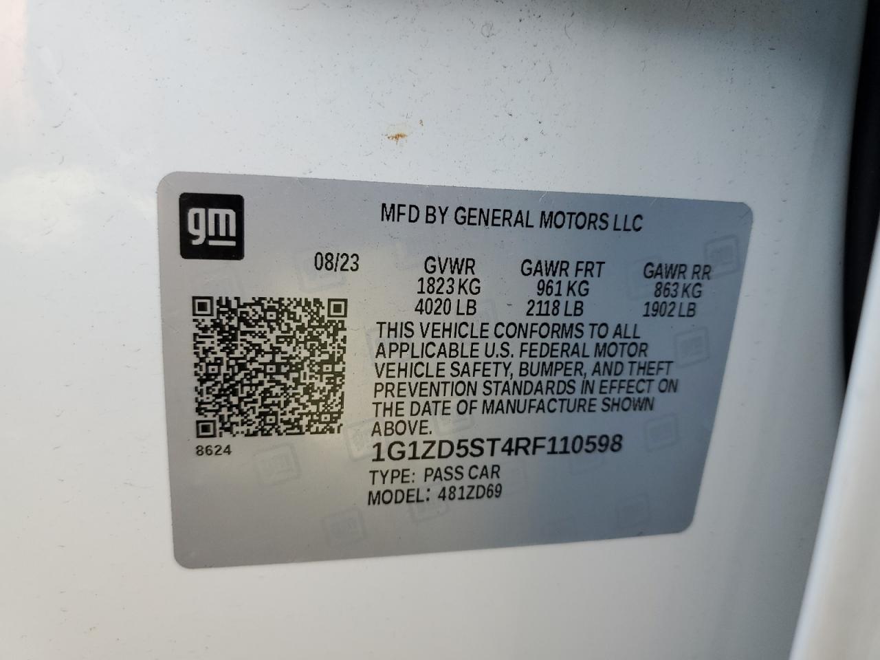 2024 CHEVROLET MALIBU LT VIN:1G1ZD5ST4RF110598