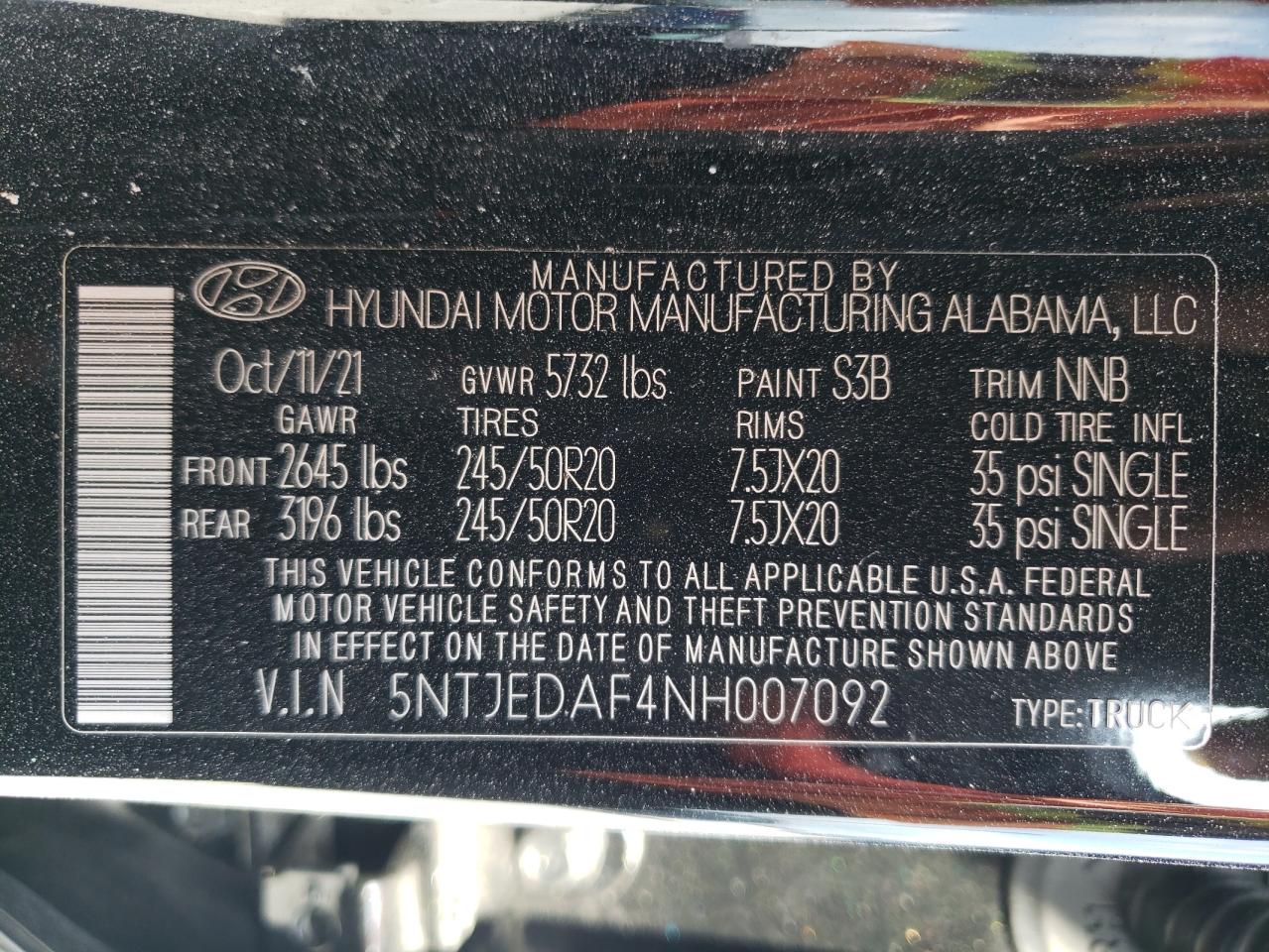 2022 HYUNDAI SANTA CRUZ LIMITED VIN:5NTJEDAF4NH007092