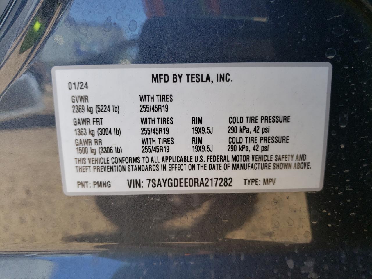 2024 TESLA MODEL Y VIN:7SAYGDEE0RA217282