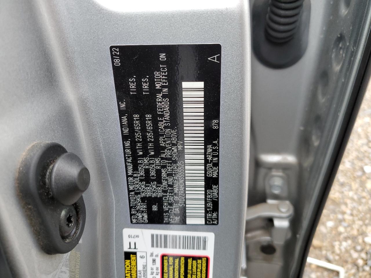 2022 TOYOTA HIGHLANDER L VIN:5TDZZRAH0NS555525