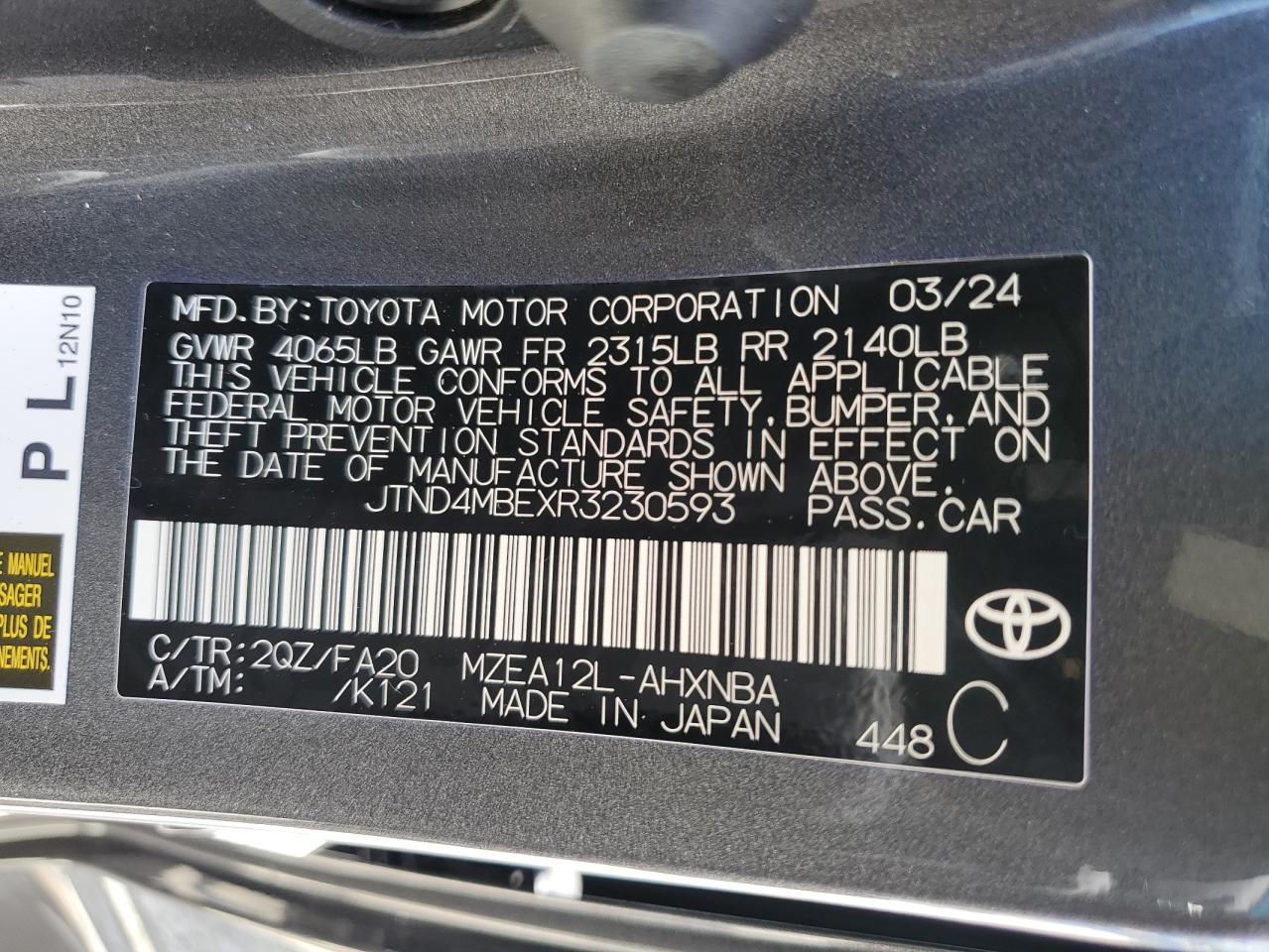 2024 TOYOTA COROLLA SE VIN:JTND4MBEXR3230593