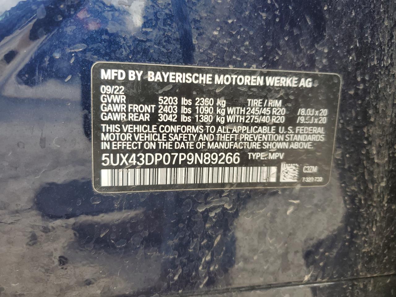 2023 BMW X3 SDRIVE30I VIN:5UX43DP07P9N89266