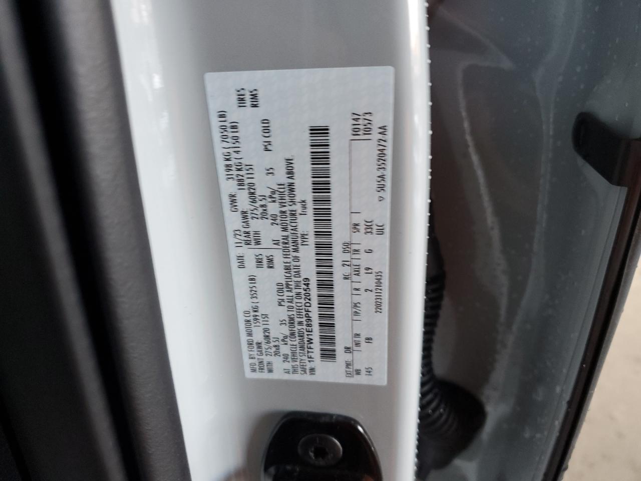 2023 FORD F150 SUPERCREW VIN:1FTFW1E89PFD20549