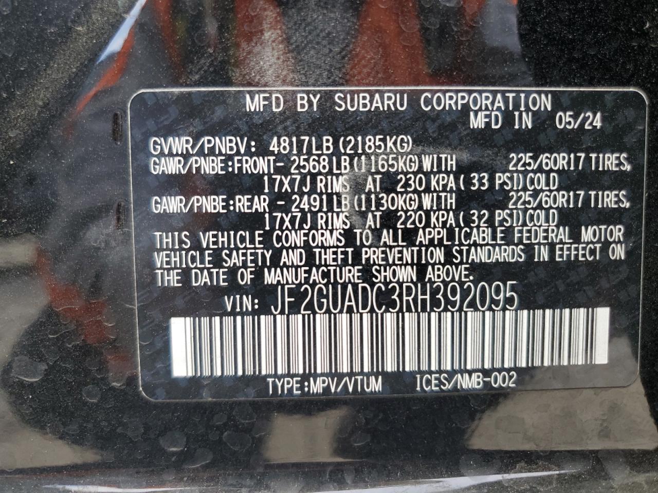 2024 SUBARU CROSSTREK PREMIUM VIN:JF2GUADC3RH392095