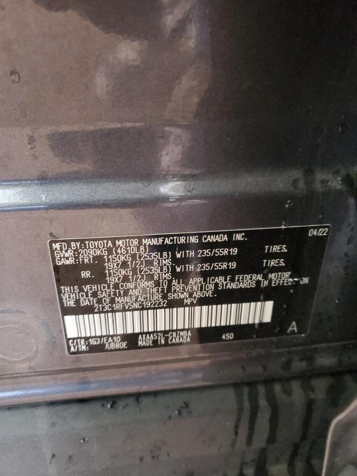 2022 TOYOTA RAV4 XLE PREMIUM VIN:2T3C1RFV5NC192232