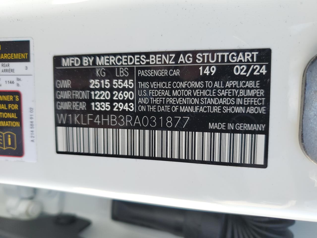 2024 MERCEDES-BENZ E 350 4MATIC VIN:W1KLF4HB3RA031877