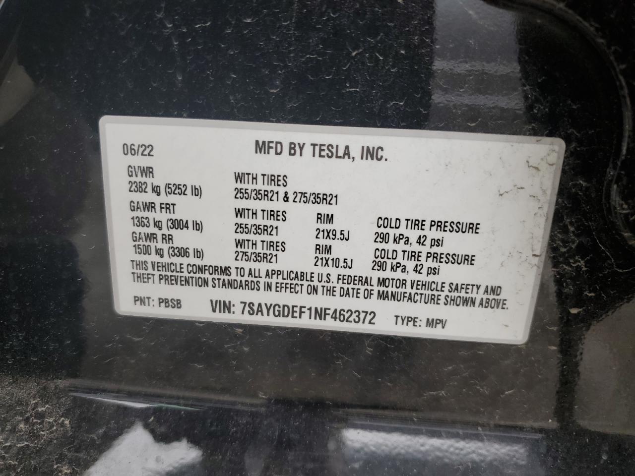 2022 TESLA MODEL Y VIN:7SAYGDEF1NF462372
