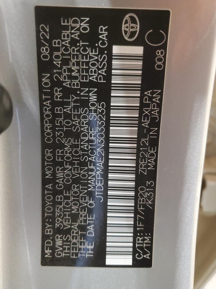 2022 TOYOTA COROLLA LE VIN:JTDEPMAE2N3033235