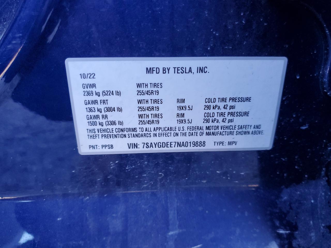 2022 TESLA MODEL Y VIN:7SAYGDEE7NA019888