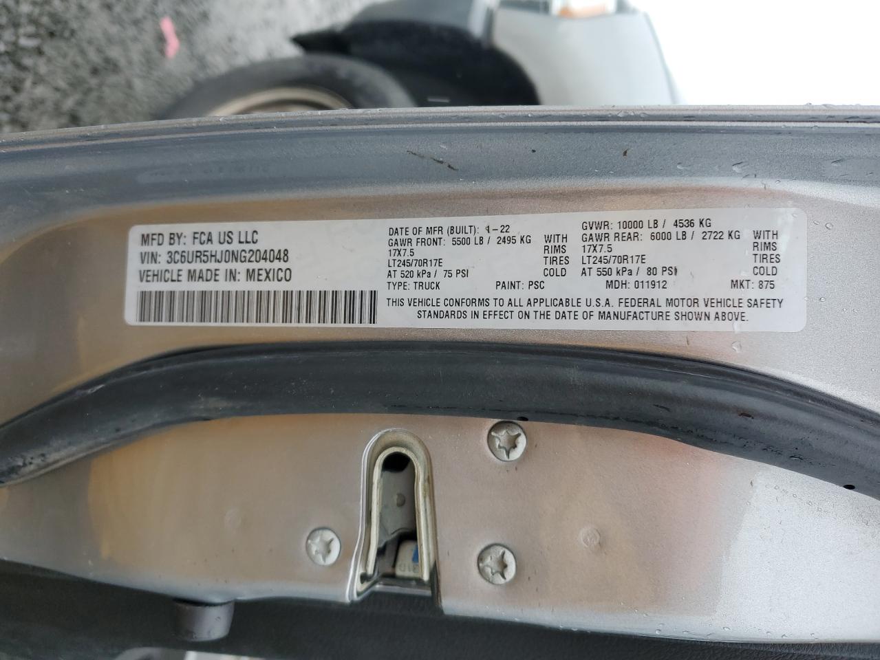 2022 RAM 2500 TRADESMAN VIN:3C6UR5HJ0NG204048