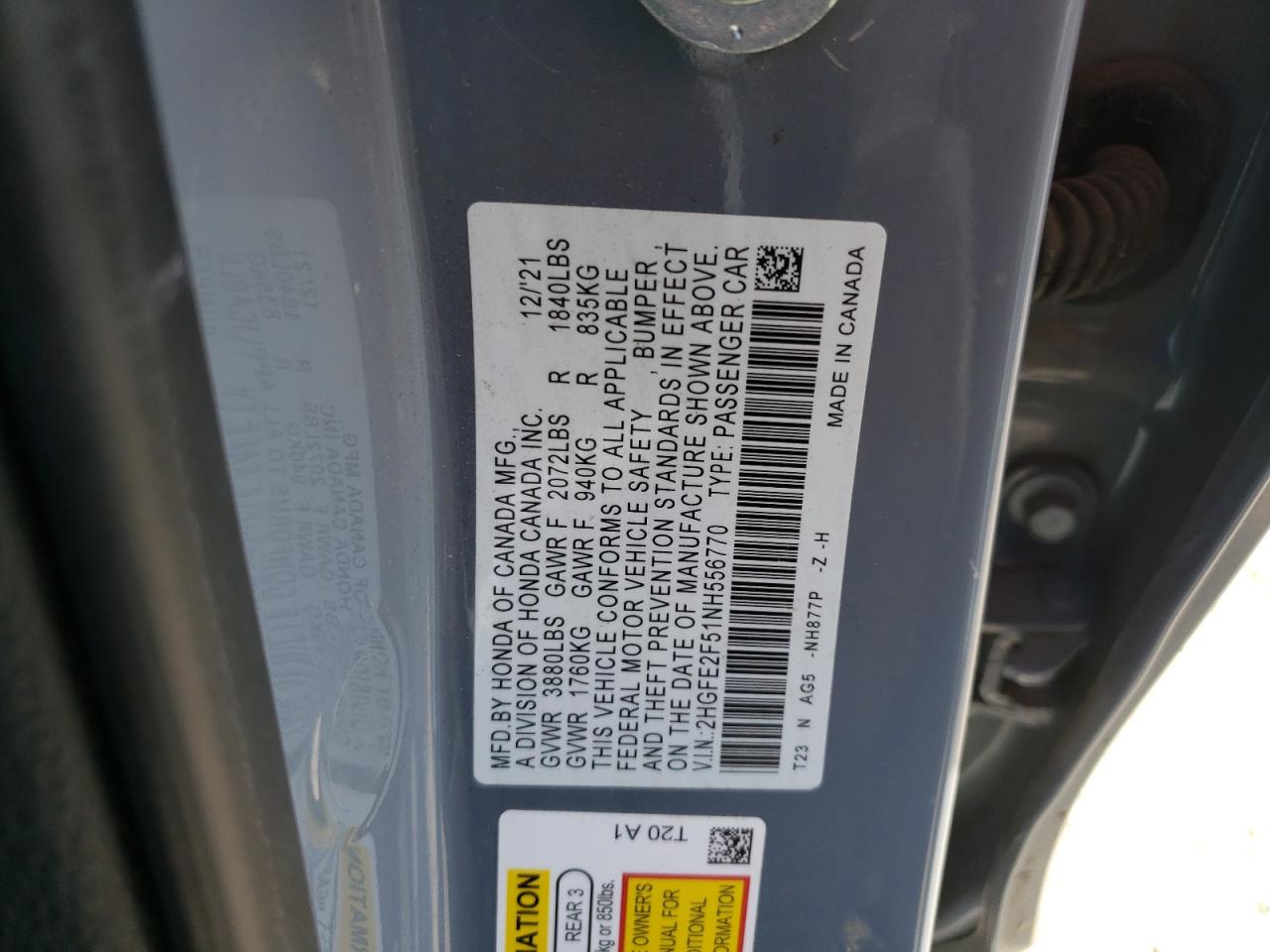 2022 HONDA CIVIC SPORT VIN:2HGFE2F51NH556770