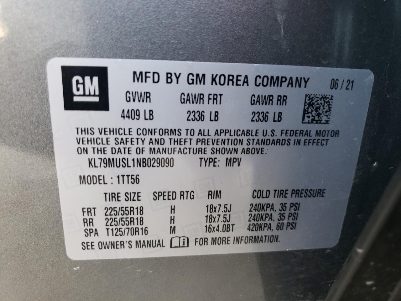 2022 CHEVROLET TRAILBLAZER RS VIN:KL79MUSL1NB029090