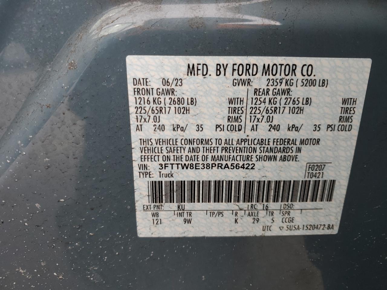 2023 FORD MAVERICK XL VIN:3FTTW8E38PRA56422