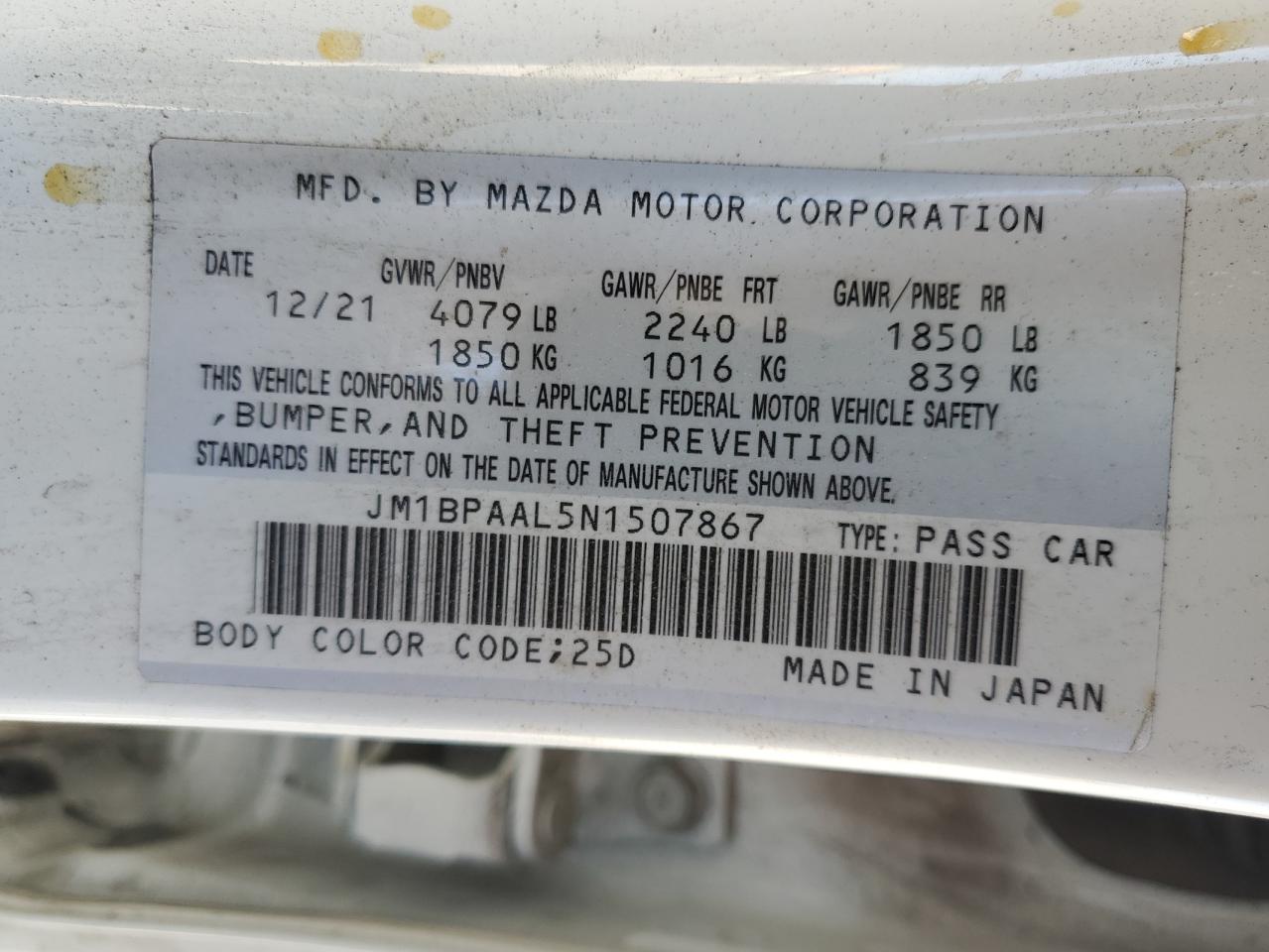 2022 MAZDA 3 VIN:JM1BPAAL5N1507867