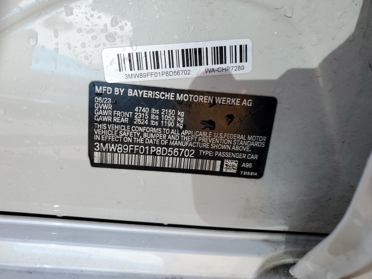 2023 BMW 330XI VIN:3MW89FF01P8D56702