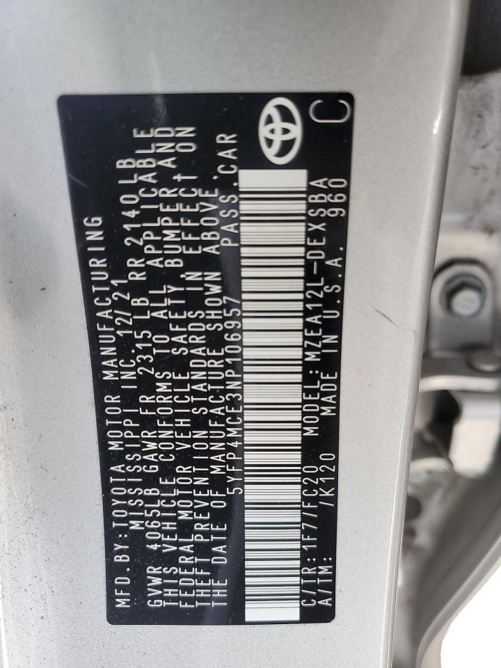 2022 TOYOTA COROLLA SE VIN:5YFP4MCE3NP106957