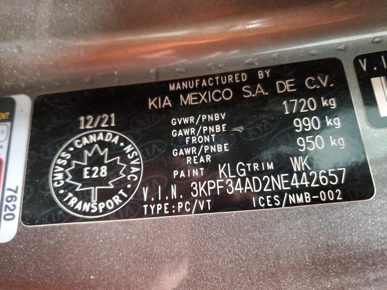 2022 KIA FORTE GT LINE VIN:3KPF34AD2NE442657